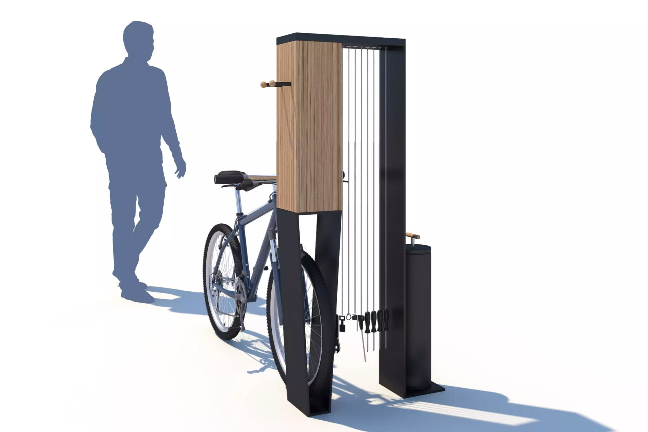 Visualisation 3D de prototypes de bornes de recharge vélo électrique : abri urbain Canopée avec vélos en stationnement.